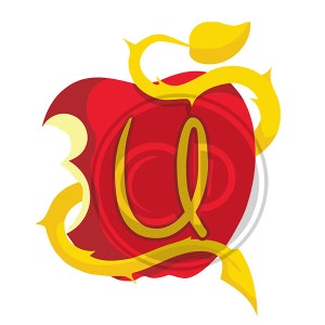 May include: A red apple with a bite taken out of it. A golden vine with a leaf wraps around the apple. The letter "U" is written in gold inside the apple.