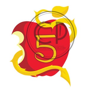 May include: A red apple with a golden vine wrapped around it. The vine has a large, stylized number "5" in the center.