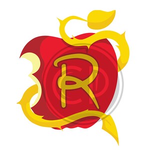 May include: A red apple with a bite taken out of it, surrounded by a golden vine with thorns and a single leaf. The letter "R" is in the center of the apple, in a stylized font.