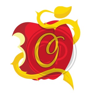 May include: A red apple with a bite taken out, featuring a gold vine with thorns and a leaf. The apple has a gold letter "O" in the center. The design is on a white background.