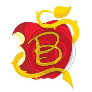 May include: A red apple with a bite taken out of it. The apple has a golden yellow vine wrapped around it and a large golden yellow letter "B" in the center.