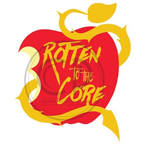 May include: A graphic illustration of a red apple with a bite taken out, featuring the text "Rotten to the Core" in yellow. A yellow vine-like design wraps around the apple, with a white background.