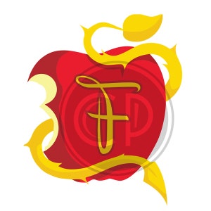May include: A red apple with a bite taken out, featuring a gold vine and leaf design. The apple has a circular emblem with the letter "F" in gold script. The design is on a white background.