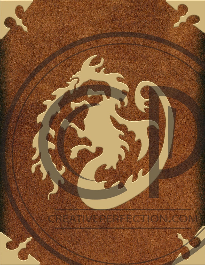 May include: A brown background with a beige dragon design. The dragon is in a circular pattern with a shadow effect. The corners have decorative beige accents. The website address creativeperfection.com is at the bottom.