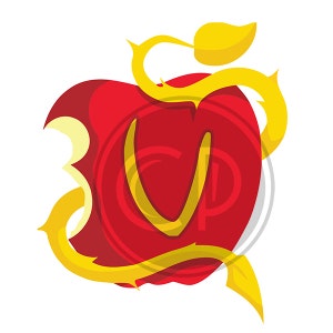 May include: A red apple with a bite taken out, featuring a yellow vine with thorns and a leaf. The letter "V" is in yellow, overlaid on the apple. The design has a cartoonish style and is set against a white background.