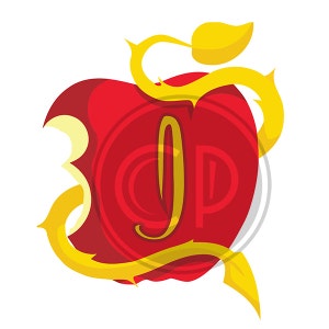 May include: A red apple with a bite taken out of it, surrounded by a golden vine with thorns and a leaf. The letter "J" is in the center of the apple.