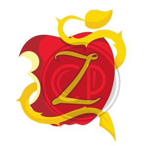 May include: A red apple with a bite taken out of it, with a golden vine wrapped around it. The vine has a leaf at the top and a stylized letter "Z" in the center.