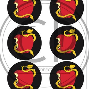 May include: Six round stickers with a black background and a red apple with a golden vine wrapped around it. The apple has a bite taken out of it.