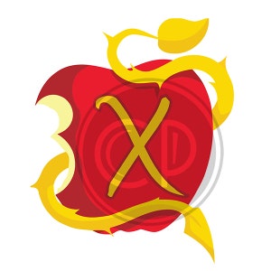May include: A red apple with a bite taken out, featuring a gold letter "X" and a gold vine with thorns and a leaf. The apple has a circular design inside. The image is a vector illustration.