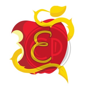 May include: A red apple with a bite taken out of it. The apple is surrounded by a golden vine with thorns and a leaf. The letters "EP" are in the center of the apple in a gold color.