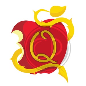 May include: A red apple with a bite taken out of it, with a golden vine and a stylized golden letter Q in the center.