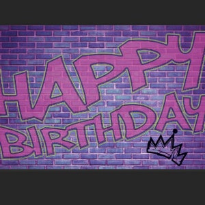 May include: A purple brick wall with the words "Happy Birthday" in pink letters. There are several black and white illustrations on the wall, including a crown, a snake, and a skull and crossbones. The words "Long Live Evil!" are written in green letters on a black shield.