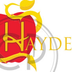 May include: A red apple with a bite taken out of it. The letter H is inside the apple, with a gold vine wrapping around the apple and the word "HAYDEN" in gold letters.