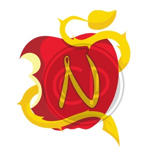 May include: A red apple with a bite taken out of it, surrounded by a golden vine with thorns. The letter "N" is written in gold inside the apple.