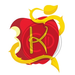 May include: A red apple with a bite taken out of it, surrounded by a golden vine with a stylized letter "K" in the center.