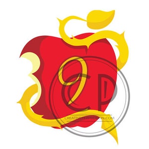 May include: A red apple with a bite taken out of it, with a golden vine and leaf growing from the bite. The apple has a large golden number "9" on it.