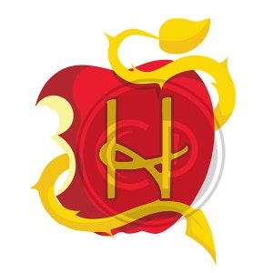 May include: A red apple with a bite taken out of it, surrounded by a golden vine with a leaf. The letter "H" is in the center of the apple, also in gold.