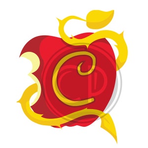 May include: A red apple with a bite taken out of it, surrounded by a golden vine with thorns. The letter "C" is formed by the vine.