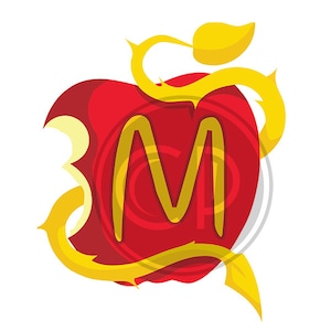 May include: A red apple with a bite taken out of it, surrounded by a golden vine with thorns. The letter "M" is in the center of the apple, in a gold color.