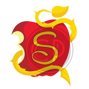 May include: A red apple with a bite taken out, featuring a gold vine and the letter "S" in a gold font. The apple design has a white background and a circular design behind the letter.