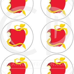 May include: Six round white stickers with a red apple with a bite taken out of it and a golden vine wrapped around it.