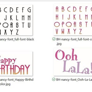 Op de afbeelding: Vier afbeeldingen met lettertypevoorbeelden. Eén toont het alfabet in zwart, een andere in een roze en gouden gradiënt. De derde afbeelding zegt "Happy Birthday" in roze en goud. De laatste afbeelding zegt "Ooh LaLa!" in roze en paars.