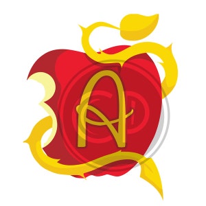 May include: A red apple with a bite taken out of it. The apple is surrounded by a golden vine with a leaf at the top. The letter "A" is written in gold inside the apple.