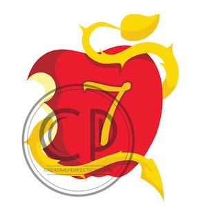 May include: A red apple with a golden vine and a number seven inside. The apple is partially eaten and the vine is wrapped around the apple.