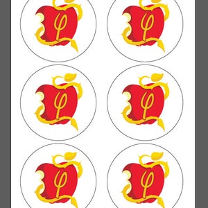 May include: Six circular stickers featuring a red apple with a bite taken out of it. The apple has a gold stem and a gold letter "φ" on its side. The stickers are on a white background.