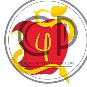 May include: A red apple design with a bite taken out, featuring yellow accents and the letters "CP" overlaid. The design is enclosed within a gray circular border, with the text "CREATIVEPERFECTION.COM" at the bottom.