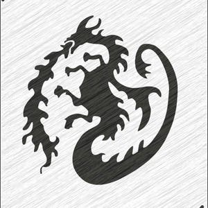 May include: Black and white illustration of a dragon curled up in a circle. The dragon has a long tail and sharp claws. The illustration is on a white background with a textured border.