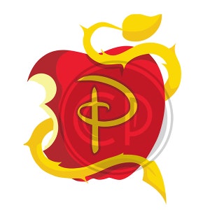 May include: A red apple with a bite taken out of it, surrounded by a golden vine with thorns. The Disney logo is inside the apple.