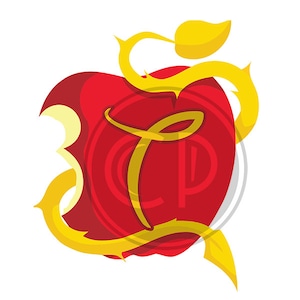 May include: A red apple with a bite taken out of it, surrounded by a golden vine with thorns. The vine forms the letter "T" in the center of the apple.