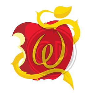 May include: A red apple with a bite taken out of it, with a golden vine and a golden letter "W" in the center.