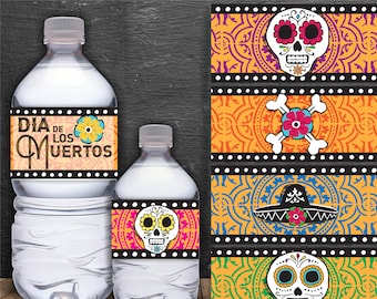 Day of the Dead, Dia De Los Muertos Water Bottle Wraps, Party Decor, Halloween Decorations, Printable, DIY, Sugar Skulls, Mexican, Printable