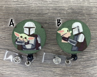 Retractable Badge Holder - Fabric Covered Button - Mandalorian and Grogu
