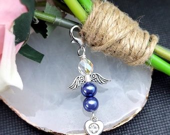 Something blue charm for bouquet Brides blue clip Angel charm with clasp, something borrowed, Glass bead keyring clip