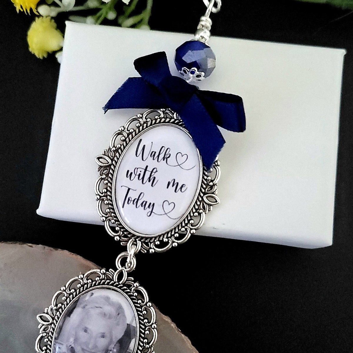 Wedding memorial photo bouquet charm, Something blue, Personalised bridal charm with quote Walk with me today