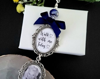 Wedding memorial photo bouquet charm, Something blue, Personalised bridal charm with quote Walk with me today