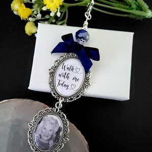 Wedding memorial photo bouquet charm, Something blue, Personalised bridal charm with quote Walk with me today image 1