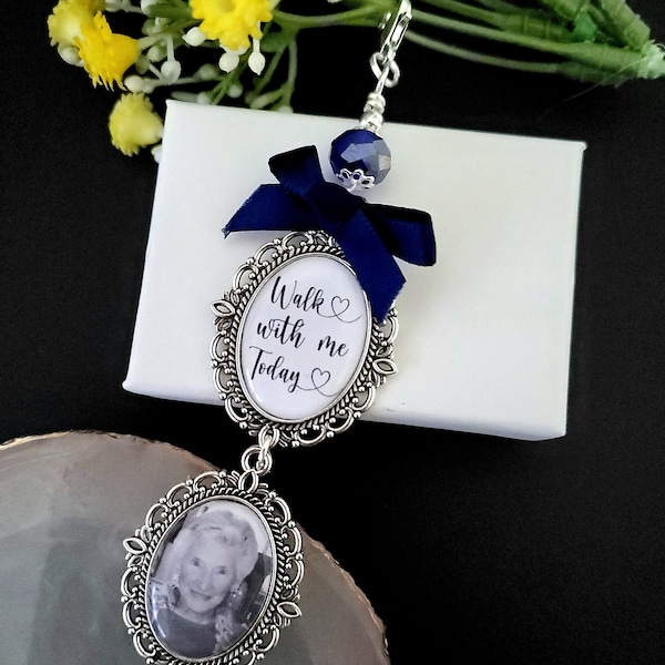 Wedding memorial photo bouquet charm, Something blue, Personalised bridal charm with quote Walk with me today