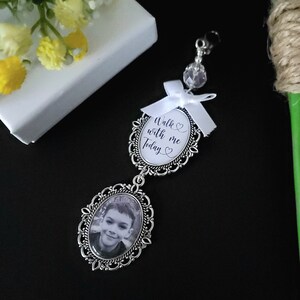 Wedding memorial photo bouquet charm, Something blue, Personalised bridal charm with quote Walk with me today image 3