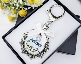 Pretty Bridesmaids Personalised Keepsake Charm, Thank you gift for bridesmaids, flower girl  bouquet charm, Birdcage design keyring