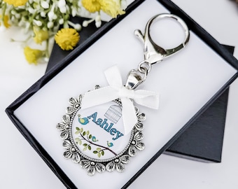 Pretty Bridesmaids Personalised Keepsake Charm, Thank you gift for bridesmaids, flower girl  bouquet charm, Birdcage design keyring