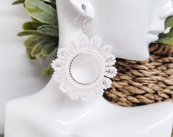 Gorgeous white and pale pink earrings for bride or bridesmaid, beaded earrings, wedding jewellery, Flower earrings, round lacy earrings