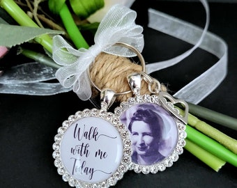 Diamante Bouquet Photo Charm personalised with your photo,  Memorial Bouquet Charm with triple bow, Walk with me today bridal photo charm,