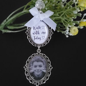 Wedding memorial photo bouquet charm, Something blue, Personalised bridal charm with quote Walk with me today image 2