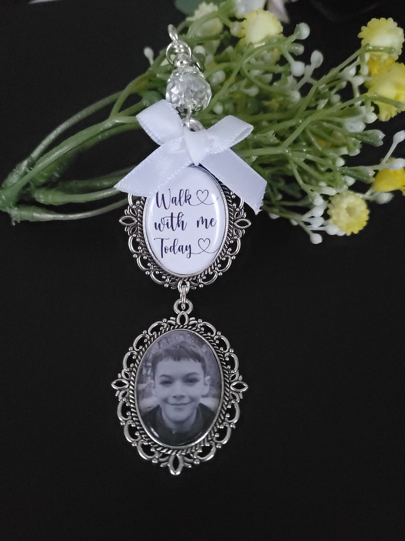 Wedding memorial photo bouquet charm, Something blue, Personalised bridal charm with quote Walk with me today image 2