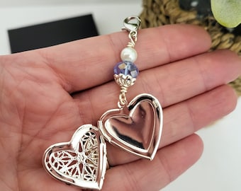 Silver Heart Photo Locket Charm, Photograph, Bridal Bouquet Charm, Something blue, wedding photo charm