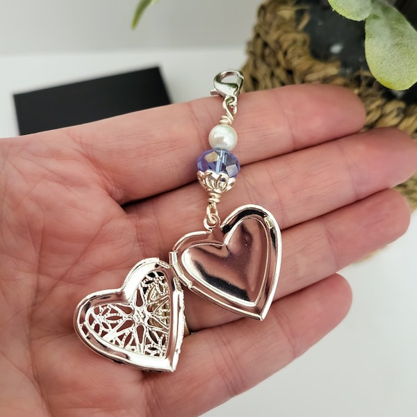 Silver Heart Photo Locket Charm, Photograph, Bridal Bouquet Charm, Something blue, wedding photo charm